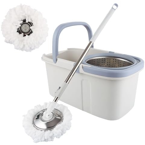 ASelected Balai à Franges et Seau Rotatif à 360° pour Nettoyer Les sols, Manche en Acier Inoxydable, serpillère Extensible avec Coussinets réutilisables, Microfibre Humide et sèche pour Le Nettoyage