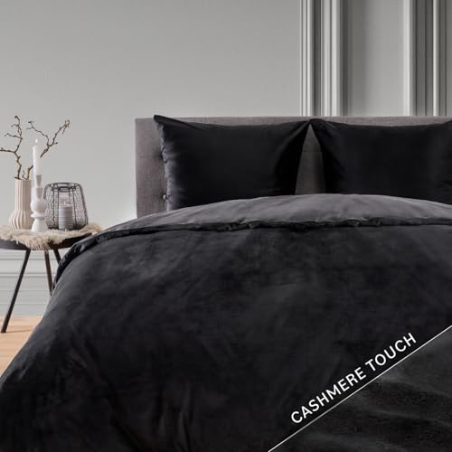 Blumtal Winterbettwäsche 140x200 cm Cashmere-Touch Plüsch – Flauschiges Mikrofaser-Set, Oeko-TEX Zertifiziert, 1 Deckenbezug + 2 Kissenbezüge 80x80 cm – Schwarz