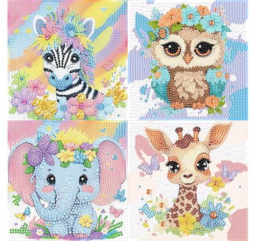 4er Set 5D Diamond Painting Kinder Tiere-Set Full Diamant Painting Bilder Kinder Tiere,DIY Mosaikherstellung Basteln Mädchen Junge 6 7 8 9 10 11 12 Jahre,Geschenk Kinder Ab 6 Jahre 15x15cm