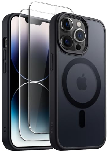 JETech 3 in 1 Magnetic Case for iPhone 14 Pro Max 6.7-Inch with 2 Pack Tempered Glass Screen Protectors, Compatible with MagSafe, Translucent Matte Back Shockproof Phone Cover (Black)