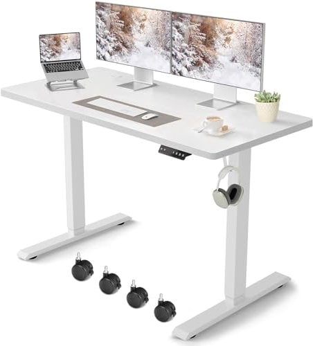 Win Up Time Whole Piece Standing Desk with Wheels- Electric Height Adjustable Desk with Memory Settings, Ergonomic Stand Up Desk, Sit to Stand Desk for Home Office, 120 * 60cm, White