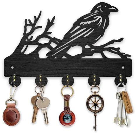 MAYJOYDIY Wood Tree Branch Crow Key Hook, 30×20cm Black Bird Key Holder | 5 Alloy Hooks, Wall Mount Key Rack, Animal Bird Design Coat Hanger, For Entryway Kitchen Bathroom Storage Organizer