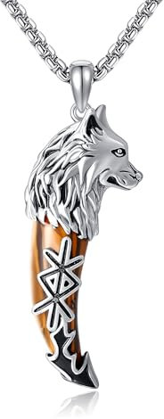 URONE Wolfszahn-Halskette Sterlingsilber Wolfszahn-Anhänger Tigerauge Wikingerschmuck für Männer