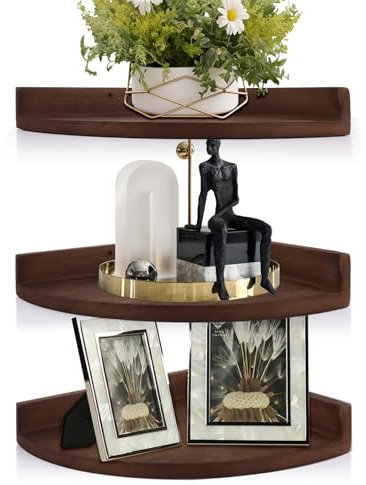 WOPPLXY Juego de 3 estantes esquineros flotantes, estantes de pared de madera marrón oscuro, estantes flotantes de esquina para pared, dormitorio, sala de estar montado en la pared