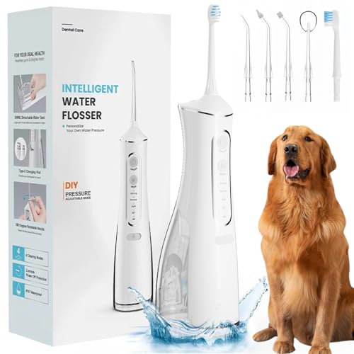 TABKSOLA Haustier Zahnzwischenraumreiniger, 6 Düsen, 4 Reinigungsmodi, 300 ml großes Fassungsvermögen, 50 Tage Akkulaufzeit, IPX7 wasserdichter elektrischer Zahnreiniger, geeignet für Hunde und Katzen
