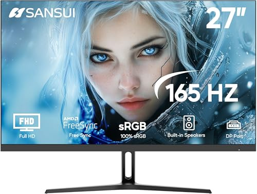 SANSUI Monitor de 27 pulgadas 165Hz 1ms Monitor de computadora para juegos de PC Altavoces integrados, monitor de PC FHD 1080P 丨AMD FreeSync丨2 x HDMI 2.0 丨1 x puerto de visualización 1.4 丨 IPS, ajuste