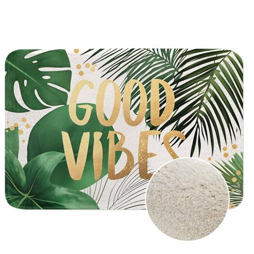 Good Vibes Gold Word Bath Mat for Bathroom Green Palm Leaf Tropical Jungle Palm Tree Leaves Bath Rugs Door Mat Non Slip Rubber Backed Bathroom Floor Mat for Bathtub Sink Shower 16X24