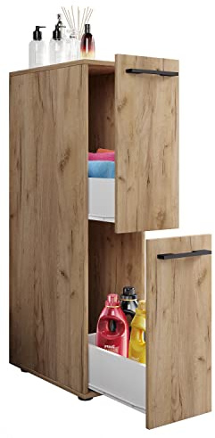 VCM Badmöbel Midischrank Honig-Eiche 25x50x110 cm 2 Schubladen Stauraum | Kompakter Stauraum für schmale Nischen - im Badezimmer oder Gäste-WC - für Singles und Paare - Holzwerkstoff