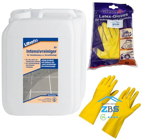 zbs24 Lithofin KF Intensivreiniger, Grundreiniger und regelmäßiger Unterhaltsreiniger, stark beanspruchter Flächen aus keramischen Fliesen und Feinsteinzeug, inkl. Latex Handschuhe Gr. 8 (5 Liter)