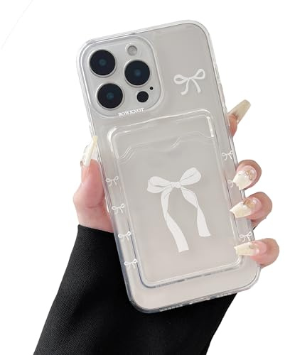 DEFBSC Case for iPhone 13 Pro Max Clear Card Holder Bowknot,White Bow/Clear | Cute Bowknot Ribbon Pattern,Slim Soft TPU Transparent Back Wallet Card Slot Shockproof Phone Cover,Raised Camera Protection