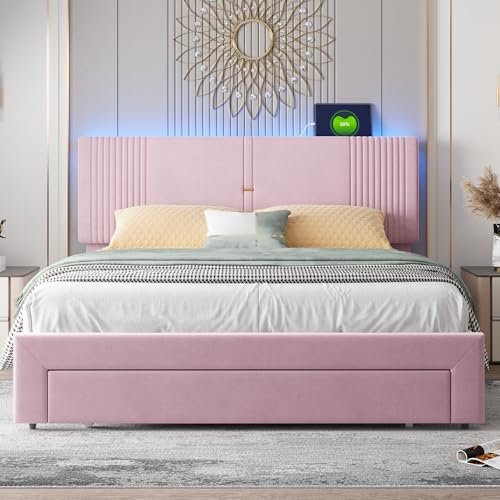 Letto imbottito 160 x 200 cm, con luci LED e presa USB, schienale e ampi cassetti, tessuto di velluto, rosa (materasso non incluso)