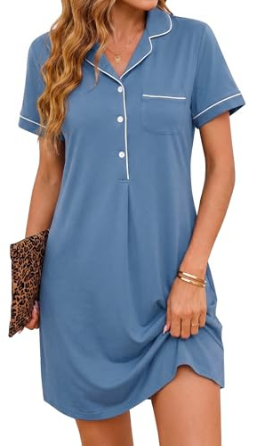 Jahetuul Women's Nightdress Short Sleeve Button Down Nightshirts for Ladies V-Neck Lapel Nighties Soft Lightweight Summer Sleepwear