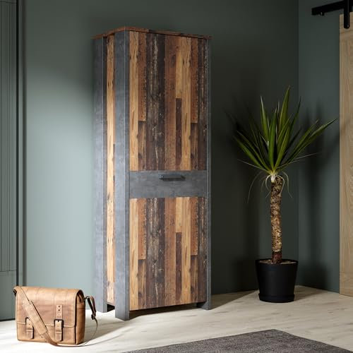 FORTE Clif Kleiderschrank 67, Rustikaler Drehtürenschrank mit 1 Tür und Einlegeboden, Holzwerkstoff, Oldwood Vintage/Betonoptik, 67 cm breit, 201,5 cm hoch, 41,6 cm tief