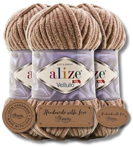 Hobby YARN 3x Etikettenlabel mit Alize Velluto Wolle Premium 3x100g als Set, Chenille Dicke Wolle zum Häkeln Uni Farbe Bulky Amigurumi Baby Kuschelwolle Filzwolle (Tobacco Brown - 329)