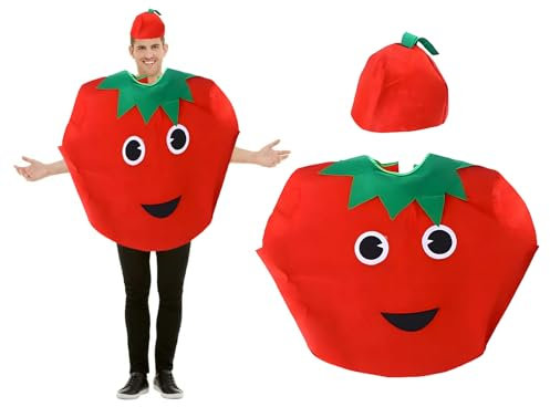 WENJION Divertente costume da frutta con copricapo, costume da pomodoro per adulti, costume colorato a tema vegetale, unisex, per Halloween, giorno del libro, giochi di ruolo e feste a tema