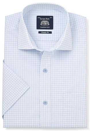 THE SAVILE ROW COMPANY LONDON Men's Classic Fit Cotton Poplin Short Sleeve Formal Shirt - Light Blue Check - 18 Collar