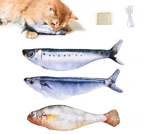Petgravity Bite-Sized Realistic Flopping Fish Cat Toys, 3 Pack, Interactive Cat Toys for All Breeds, Tap-Activated 3 Flapping Mode, Sardine/Saury/Yellow Croaker, 7.1 Inches, with Catnip, Rechargeable