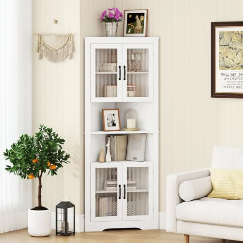 COSTWAY 6-tier Corner Cabinet, 171cm Tall Triangular Storage Cabinet with 4 Tempered Glass Doors, Adjustable Shelves & Anti-tipping device, Space Saving Wooden Sideboard Shelving Unit for Home Kitchen