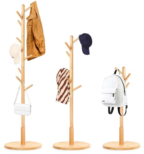 Relquorax Garderobenständer, Kleiderständer aus Buchenholz Massivholz in Baumform für Kleidung, 9 Haken, 185 x 38 x 38 cm, für Jacken, Hüte, Taschen, Eingang, Flur, Büro, Schlafzimmer (Natur)