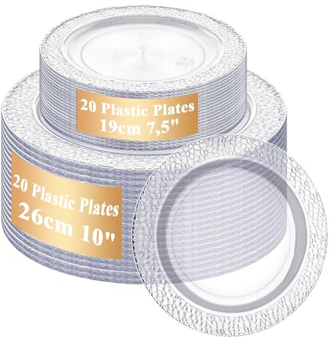 AKOLAFE 40 platos de plástico blancos con borde plateado, 2 tamaños, platos de plástico reutilizables de 19 cm y 26 cm, platos de plástico resistentes, platos reutilizables para bodas, fiestas