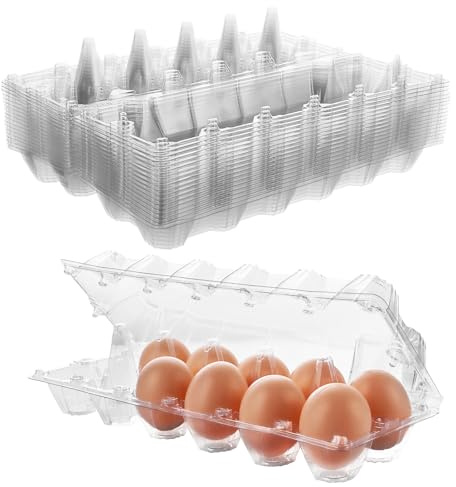 ZOFUN 60 Stück Eierbox Eierkarton Eierkartons Kunststoff für 12 Eier mit Deckel, Transparente Eierkarton mit Aufklebern, pflegeleicht, Kühlschrank Eierbehälter, Kunststoff, 295x104x68MM