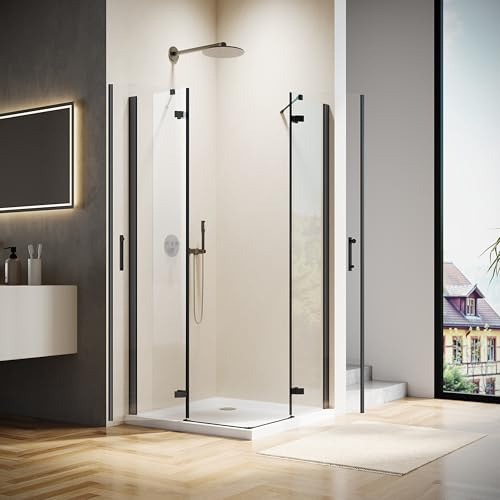 Hydrave Corner Shower Enclosure 34 in.D x 34 in. W x 72 in. H| Shower Door with 1/4 in. Clear Tempered Glass| Folding Shower Door Enclosure| Black (Shower Base Not Included)