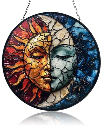Sonnenfänger Fenster Hängend, Fensterschmuck Hängend mit Sonne-Mond-Design, Acryl Buntes Fensterbilder, 40cm Eisenkette, Deko für Balkon Garten Ramadan(Vor Gebrauch die Schutzfolie Entfernen)