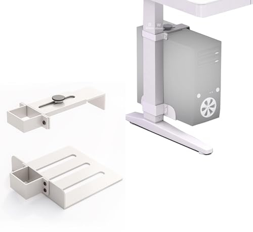 Soporte PC Bajo Escritorio, Instalación sin Taladros, Resistente hasta 18 kg, Ajustable en Altura y Anchura, Soporte Torre PC Bajo Mesa para Escritorios de Pie (Patas de Mesa de 65 x 45 mm) Blanco