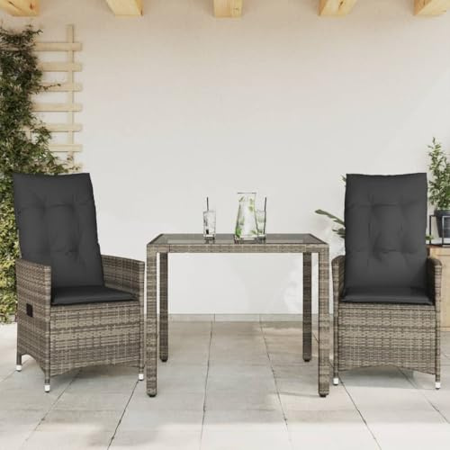 Mandloder 3-TLG. Bistro-Set mit Kissen Grau Poly Rattan, verstellbare Relaxsessel, Glastisch, UV-beständig, Gartenmöbel für Balkon, Terrasse