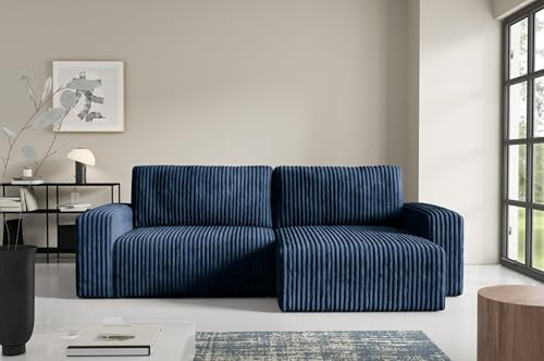 Furnisell FANO Cord Ecksofa mit Schlaffunktion und Bettkasten, Schlafsofa mit 204 x 132 cm Liegefläche (Blau)
