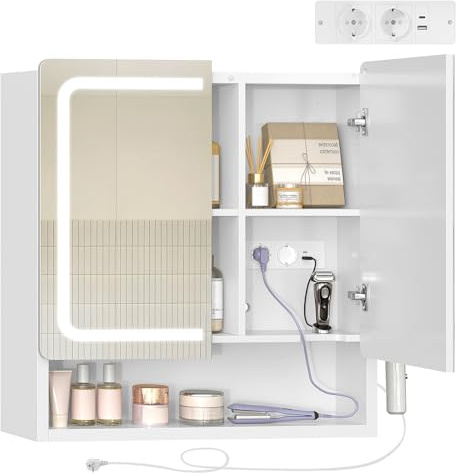 TEENFON Specchio Bagno Contenitore con LED, Mobile Bagno con Specchio con Presa Elettrica e Supporto Asciugacapelli, 3 Temperature di Colore Regolabili, Ripiani Regolabili, 60x15x65cm-2 Porte