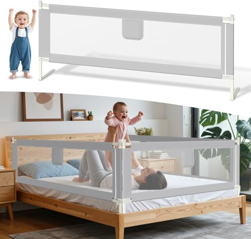 Ikodm Bettgitter Rausfallschutz Bett 200cmx2+180cmx1, Bettschutzgitter höhenverstellbar 64-96 cm für Babys und Kinder, mit Doppelknopfschalter, Einfache Montage, Grau