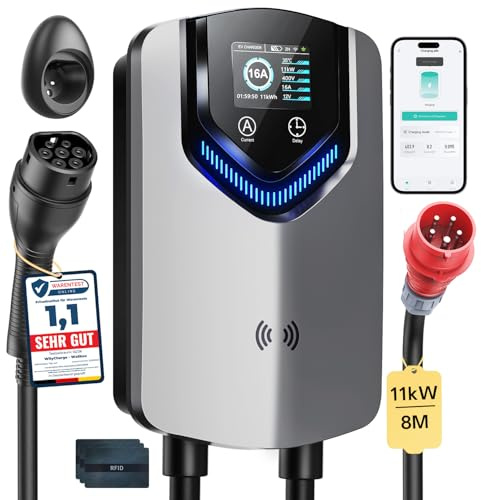 Wallbox 11kW mit APP & RFID – 3 Phasiges 400V Typ 2 EV-Ladegerät | 6–16A, 8M mit Kabelhalter,RCD 30mA AC + 6mA DC IP65,Einstellung Startzeiteffiziente Ladestation für Zuhause für BEV PHEV
