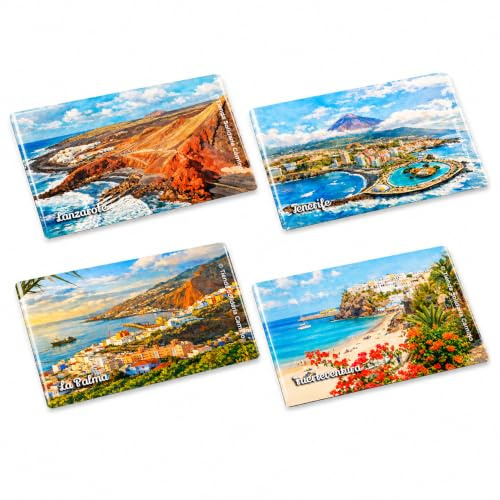 Pack 4 Imanes de Canarias para Nevera | Souvenir de Viaje España | Tenerife, Lanzarote, Fuerteventura y La Palma | Decoración Cocina y Regalo Original | Compra solidaria