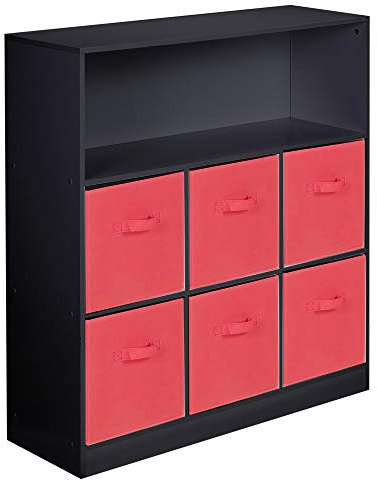 URBNLIVING Wooden Wide 7 Cubed Cupboard Bookcase Storage Units Shelves 6 Drawers Baskets (Red Drawer, Black Bookcase)