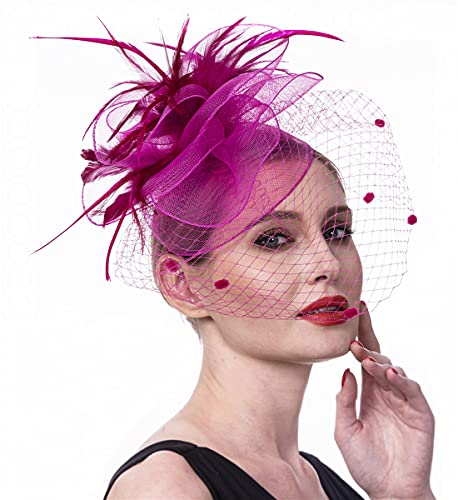 Fascinator Blume Netzmütze Feder Mesh Netz Schleier Tea Party Derby Hut mit Clip und Haarband für Frauen und Handschuhe (A6-Rose Red)