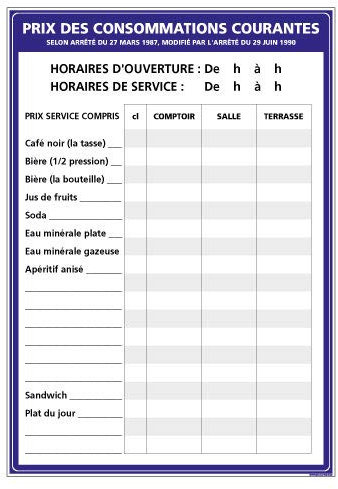 Signalétique.biz France - Plastique rigide PVC 1,5 mm - Affichage Prix des Consommations Courantes - Dimensions 300x210 mm - Protection Anti-UV