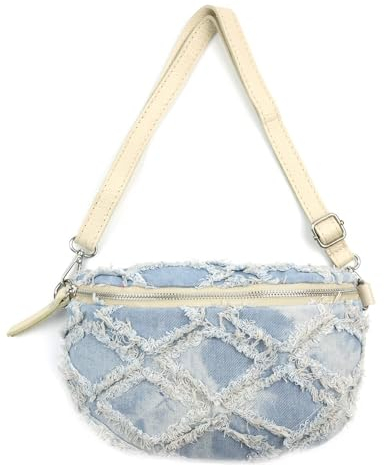 ITALYSHOP24 OBC Made in Italy Damen Brusttasche Jeans Leder Tasche Bauchtasche Hüfttasche Schultertasche Bodybag Umhängetasche Crossbody Handytasche Crossbag Gürteltasche Hellblau S (Jeansstoff)