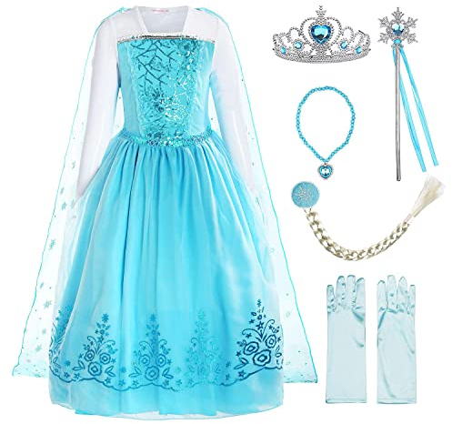 ReliBeauty Mädchen Kleid Prinzessin Langarm Falten Pailletten Schneeflocken Kostüm,7-9Jahren/128-140cm(Etikett150)