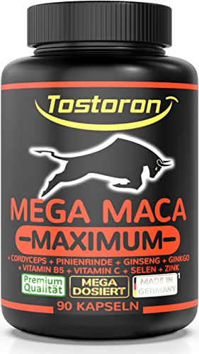 Tostoron MEGA MACA MAXIMUM hochdosiert - hol dir jetzt den TOSTORON HAMMER direkt nach Hause! 90 Kapseln + Cordyceps, Pinienrinden Extrakt, Ginseng, Ginkgo, Vitamin C + B5, Selen, Zink (1x76,6g)