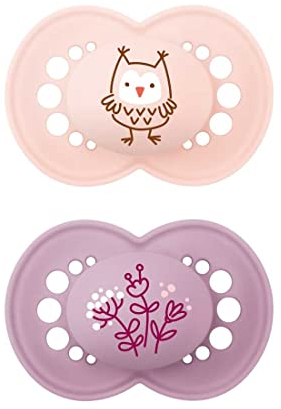 MAM Original Succhietto 6+ Mesi (Set da 2), Ciuccio MAM 6-16 mesi con tettarella ortodontica in silicone, Kit da 2 accessori neonato con pratico porta ciuccio sterilizzatore, Rosa/Lilla