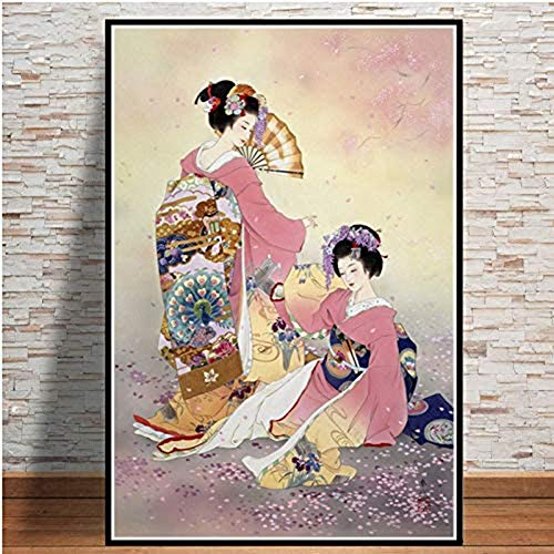 NJYBF Bild auf Leinwand New Japan Japanische Geisha Frau Malerei Kunst Poster Druck Leinwand, Für Wandbild Wohnzimmer Wohnkultur 60x90cm Kein Rahmen.