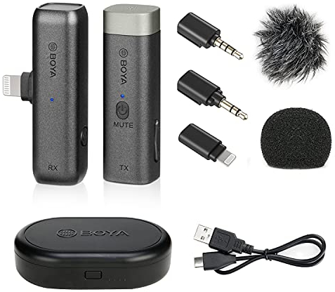 BOYA by-WM3 Mini 2,4 G kabelloses Mikrofon, Transmitter zum Anklippen, tragbarer Empfänger, Ladehülle für iOS iPhone, Podcast, Facebook, YouTube, Vlog, Videoaufzeichnung (BY-WM3D)