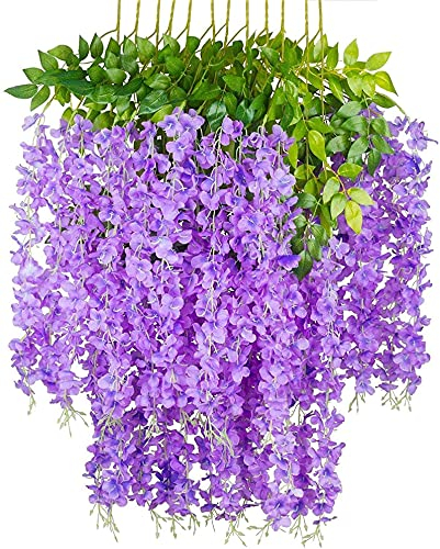 Yeehliny Künstlich hängende Blumen, Blauregen Seidenblumen,hängende Dekoration Garland Seide Blumen für Party Home Dekoration Hochzeiten, 110 cm, 12 stück (Lila)