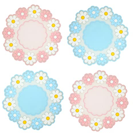 Kawaii posavasos para bebidas, paquete de 4 alfombrillas antideslizantes de PVC para café, té, patrón de margarita, aislamiento térmico para ollas de cocina de 9,9 cm