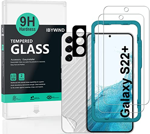 Ibywind Vetro Temperato per SamSung Galaxy S22 Plus 5G,[2Pezzi]con Metallico Protezione Obiettivo Fotocamera,Skin in Stile Fibra di Carbonio per Il Retro,Include Kit di Installazione Facilitata