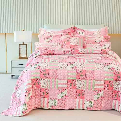 Cmfshape Couvre-lit matelassé Floral avec 2 taies d'oreiller pour Grand lit, Patchwork Rose, Couvre-lit réversible léger pour Toutes Les Saisons (Grand lit, 233,8 x 243,8 cm, Rose)