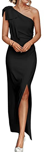 PRETTYGARDEN Women's Summer One Shoulder Long Formal Dresses Sleeveless Ruched Bodycon Wedding Guest Slit Maxi Dress (Black,Large)