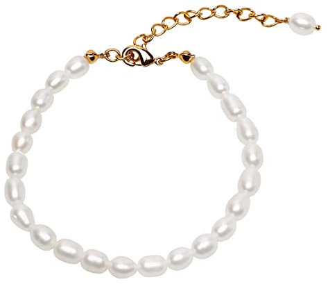 Bracelet de perles d'eau douce 4-5 mm pour femme fait à la main | Bracelet en perles blanches véritables pour femmes et filles - Rallonge réglable en or rempli de 5 cm (Perle en forme de riz)