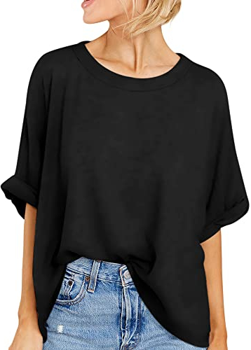 GeGekoko Damen T-Shirt Sommer Kurzarm Rundhals Oberteil Locker Frauen Casual Lose Tops Elegant Bluse,Schwarz,M
